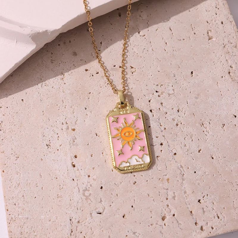 Pink Dripping Punk Tarot Enamel Necklace for Women