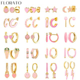 Pink Enamel 925 Silver Hoop Earrings Light Pink Geometry Party Jewelry