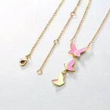 Pink Enamel Butterfly Chain Link Pendant Necklace, 925 Sterling Silver