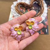 Pink Enamel Sweet Earrings Clip Flower Jewelry