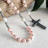 Pink Faux Pearl Bead Catholic Rosary Necklace with Hematite Cross Pendant