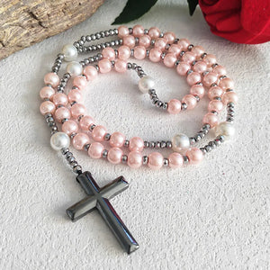 Pink Faux Pearl Bead Catholic Rosary Necklace with Hematite Cross Pendant