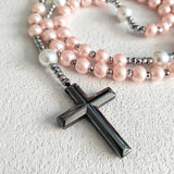 Pink Faux Pearl Bead Catholic Rosary Necklace with Hematite Cross Pendant