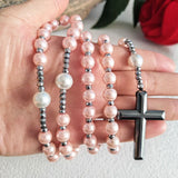 Pink Faux Pearl Bead Catholic Rosary Necklace with Hematite Cross Pendant