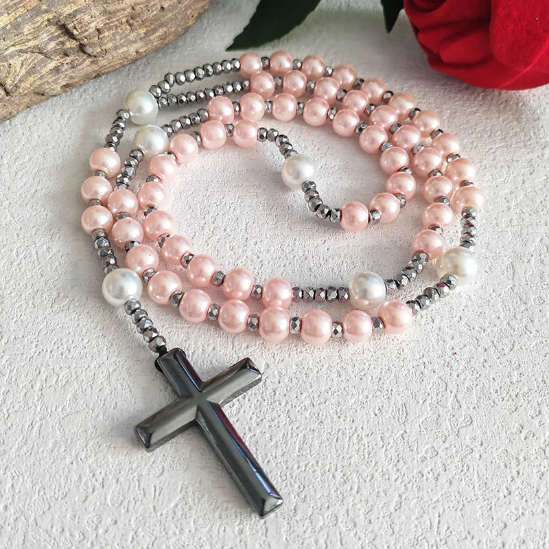 Pink Faux Pearl Bead Catholic Rosary Necklace with Hematite Cross Pendant
