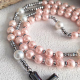 Pink Faux Pearl Bead Catholic Rosary Necklace with Hematite Cross Pendant