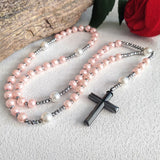 Pink Faux Pearl Bead Catholic Rosary Necklace with Hematite Cross Pendant