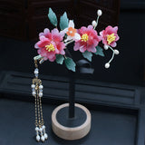 Pink Flower Hairpins Clips Chinese Style Hair Jewelry Women Girls Hanfu Dress