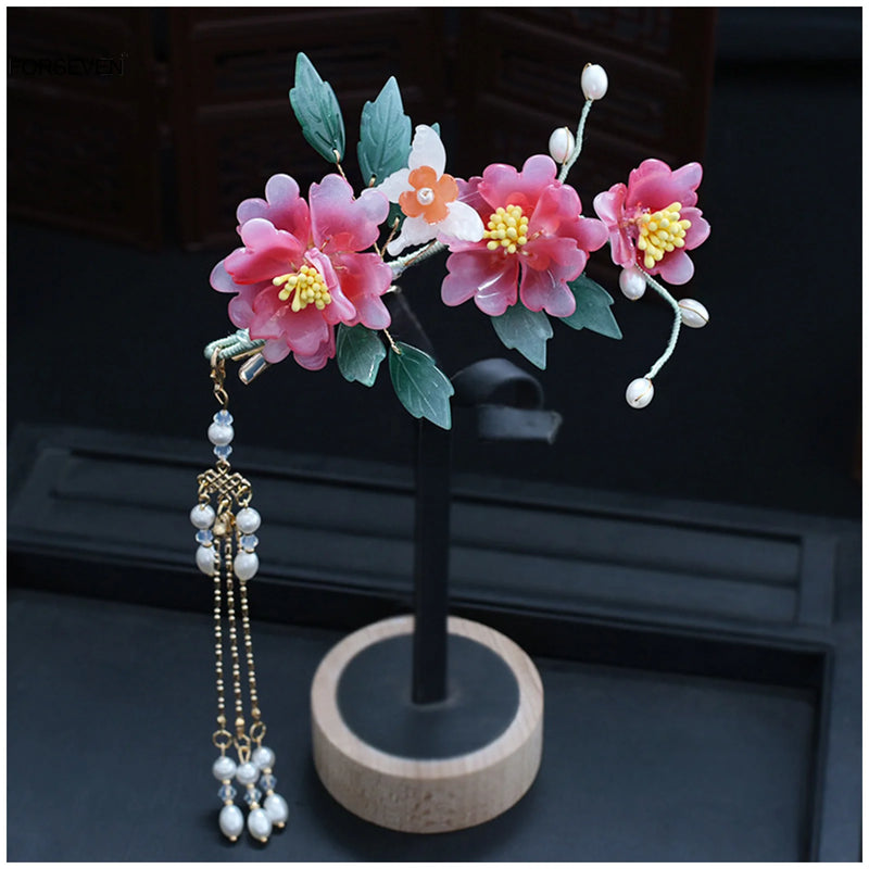 Pink Flower Hairpins Clips Chinese Style Hair Jewelry Women Girls Hanfu Dress
