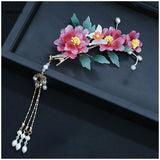 Pink Flower Hairpins Clips Chinese Style Hair Jewelry Women Girls Hanfu Dress