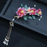 Pink Flower Hairpins Clips Chinese Style Hair Jewelry Women Girls Hanfu Dress