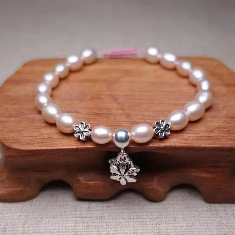 Pink Freshwater Pearl Bracelet 925 Silver Flowers Fish Charm Bangle
