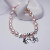 Pink Freshwater Pearl Bracelet 925 Silver Flowers Fish Charm Bangle