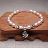 Pink Freshwater Pearl Bracelet 925 Silver Flowers Fish Charm Bangle