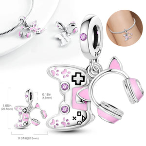 Pink Game Console Headphone Cat Paw Pendant 925 Silver Charm