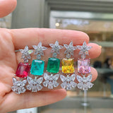 Pink Green Crystal Earrings Butterfly Flower 925 Sterling Silver Women Tassel