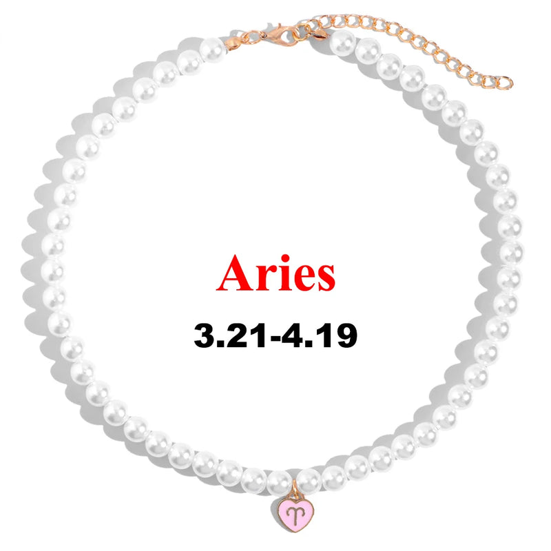 12 Constellation Pearl Beaded Necklace Zodiac Sign Choker Necklaces
