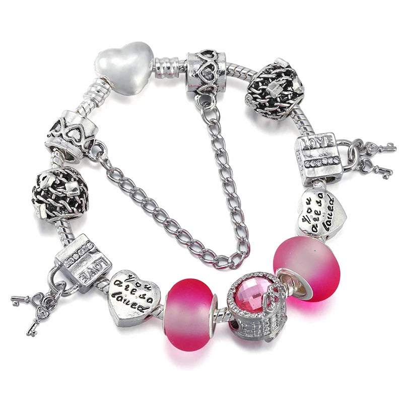 Heart Lock & Key Charm Bracelet With Key Pendant - Gift for Women