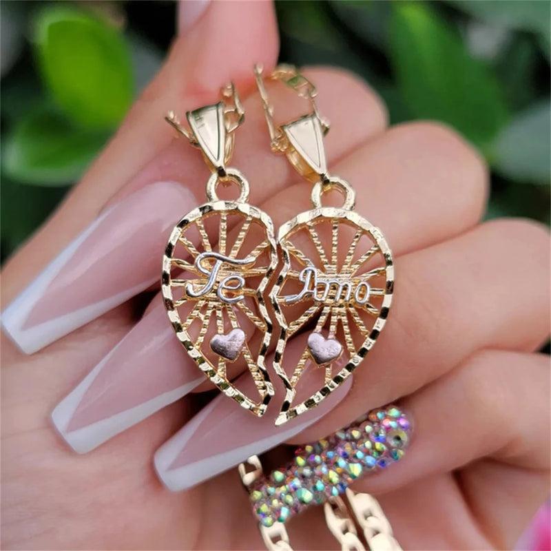 Pink Heart Pendant TE AMO Couple's Necklace Set