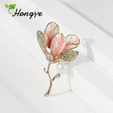 Pink Hibiscus Flower Female Brooch Pins with Rhinestone 24k Real Pins