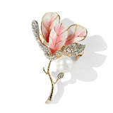 Pink Hibiscus Flower Female Brooch Pins with Rhinestone 24k Real Pins