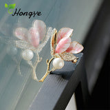 Pink Hibiscus Flower Female Brooch Pins with Rhinestone 24k Real Pins