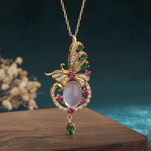 Pink Jade Butterfly Pendant Choker Necklace 925 Silver Gemstone