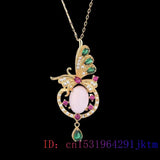 Pink Jade Butterfly Pendant Choker Necklace 925 Silver Gemstone