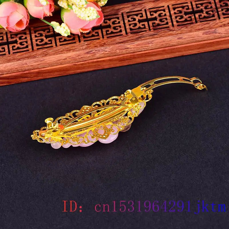 Vintage Chinese 925 Silver Pink Jade Flower Barrette Hair Clip