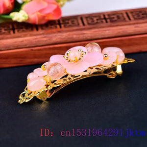 Vintage Chinese 925 Silver Pink Jade Flower Barrette Hair Clip