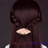Vintage Chinese 925 Silver Pink Jade Flower Barrette Hair Clip