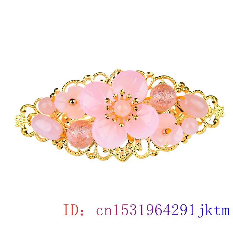 Vintage Chinese 925 Silver Pink Jade Flower Barrette Hair Clip