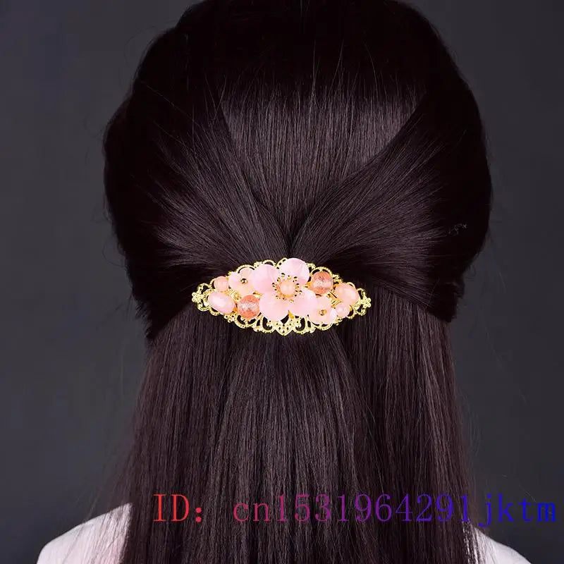 Vintage Chinese 925 Silver Pink Jade Flower Barrette Hair Clip