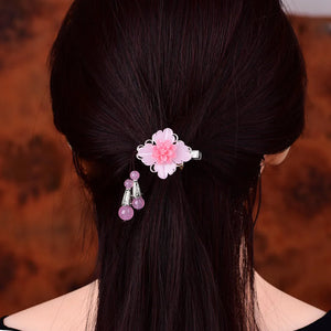 Pink Jade Flower Barrette Hair Clip 925 Silver Amulet Talisman