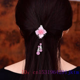 Pink Jade Flower Barrette Hair Clip 925 Silver Amulet Talisman