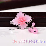 Pink Jade Flower Barrette Hair Clip 925 Silver Amulet Talisman
