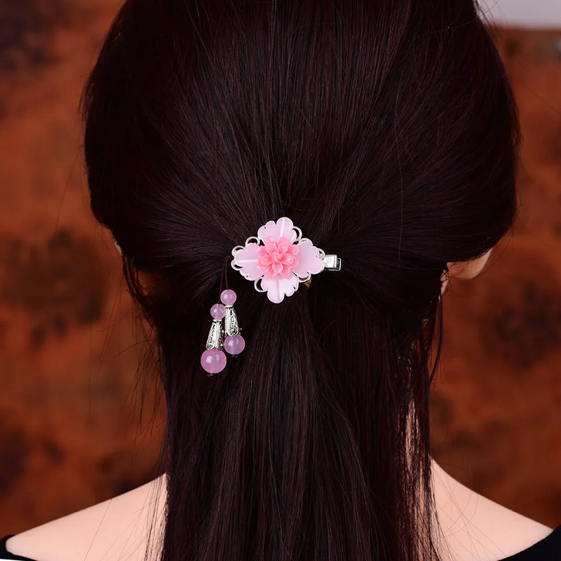 Pink Jade Flower Barrette Hair Clip 925 Silver Amulet Talisman