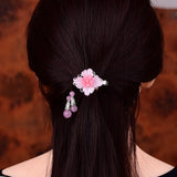 Pink Jade Flower Barrette Hair Clip 925 Silver Amulet Talisman
