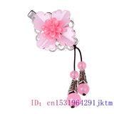 Pink Jade Flower Barrette Hair Clip 925 Silver Amulet Talisman