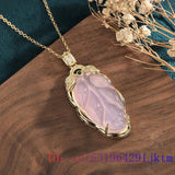 Pink Jade Leaf Pendant Chalcedony Vintage Necklace