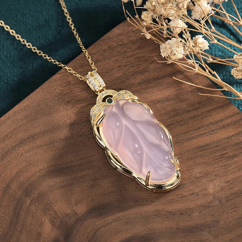 Pink Jade Leaf Pendant Chalcedony Vintage Necklace