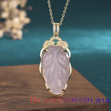 Pink Jade Leaf Pendant Chalcedony Vintage Necklace