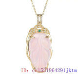 Pink Jade Leaf Pendant Chalcedony Vintage Necklace