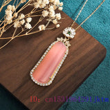 Pink Jade Pendant Necklace - Carved Chalcedony Amulet 925 Silver