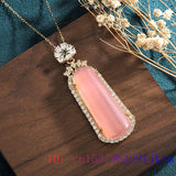Pink Jade Pendant Necklace - Carved Chalcedony Amulet 925 Silver