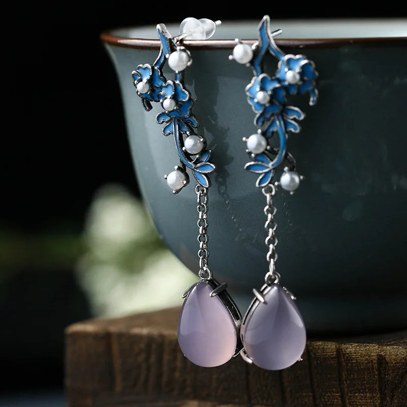 Pink Jade Water Drop Earrings Chalcedony Tassel Earring
