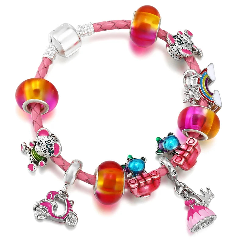 Pink Leather Bracelet Princess Dress Pendant Unicorn Charm Bracelet