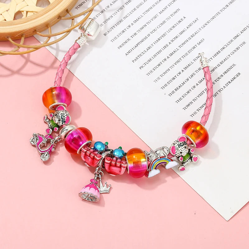 Pink Leather Bracelet Princess Dress Pendant Unicorn Charm Bracelet
