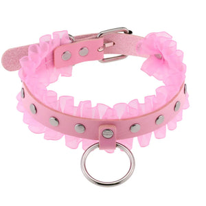 Pink Leather Choker Necklace Lace Collar Gothic Jewelry