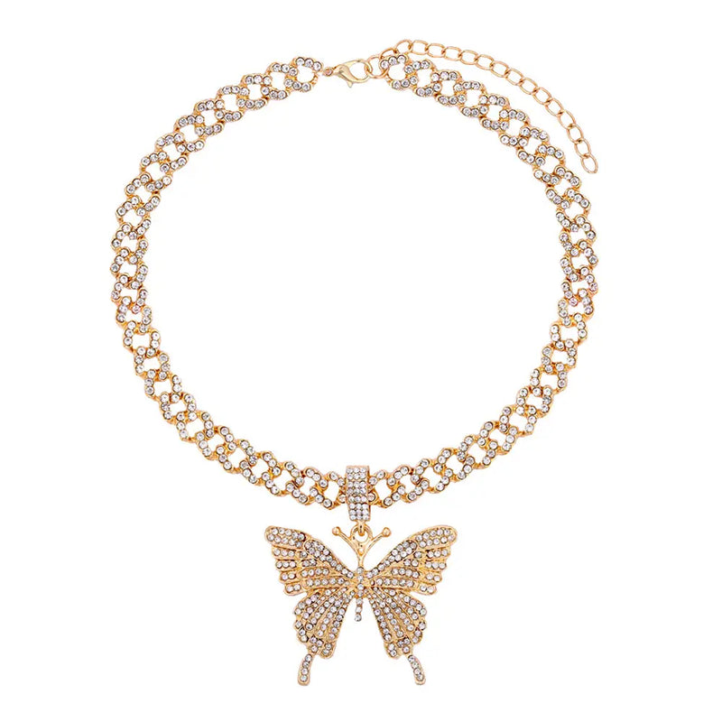 Crystal Butterfly Cuba Choker Necklace Bling Multicolor Rhinestone